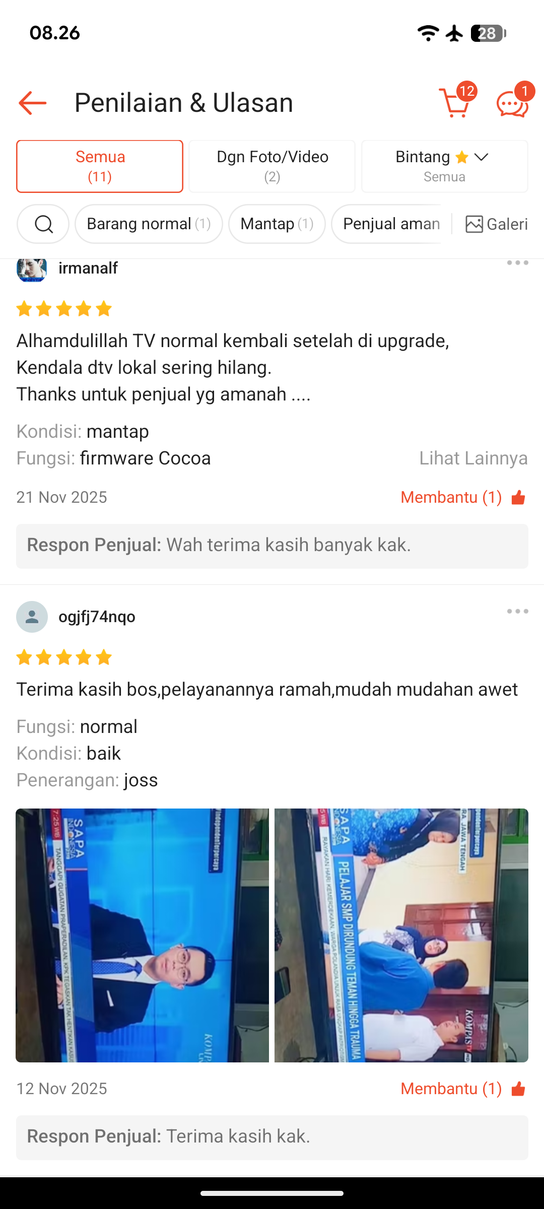 Tangkapan layar ulasan bintang 5 dari pembeli kedua